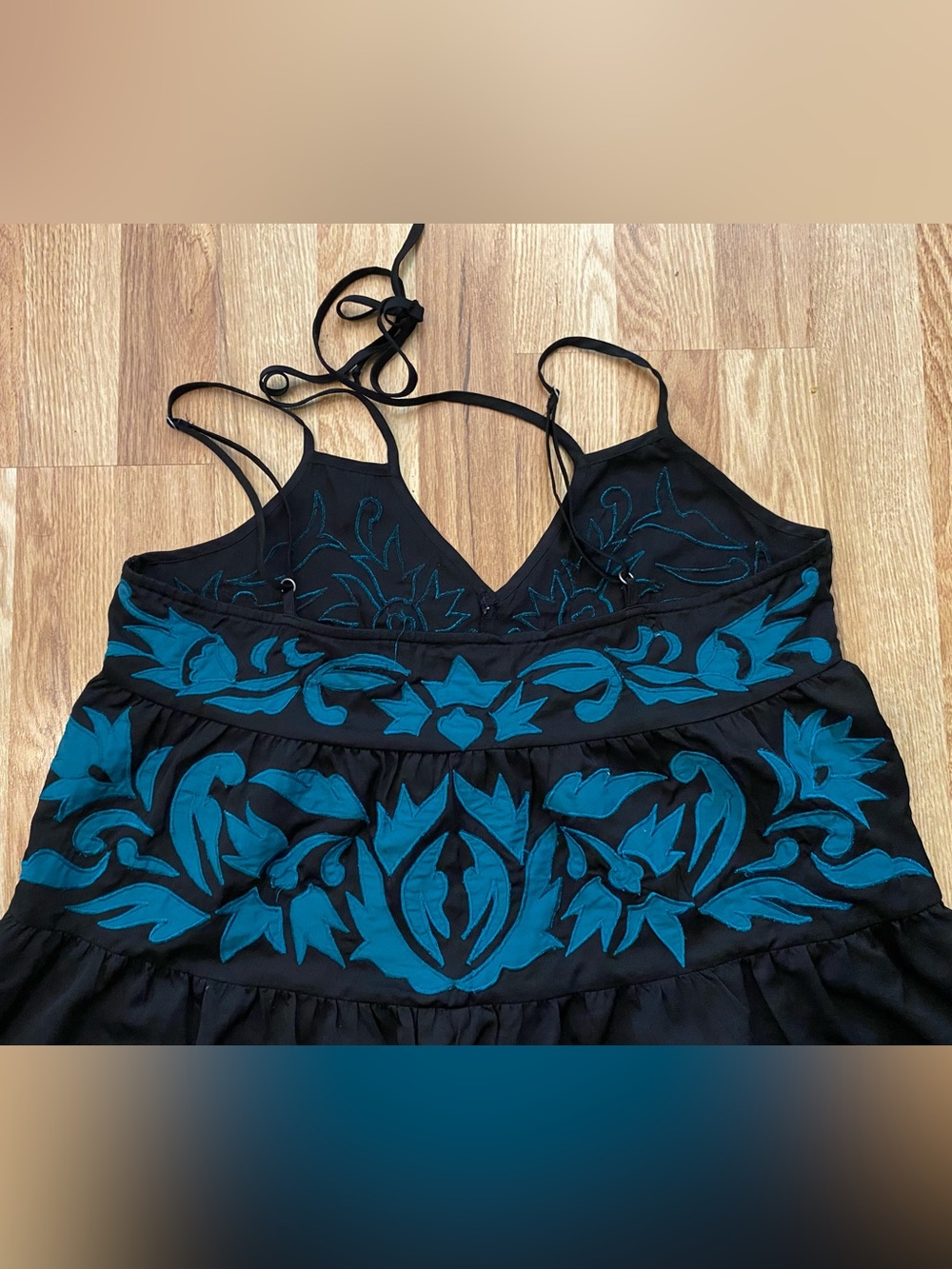 Free People Black Camisole Romper with Teal Floral Embroidery Size Medium - Picture 5 of 8